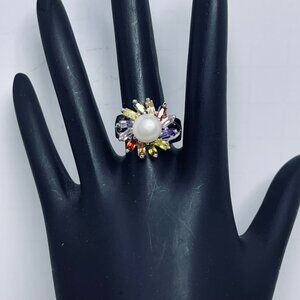 Silver Tone Multi-Colored Rhinestones & Faux Pearl Statement Ring Size 5 (R430)